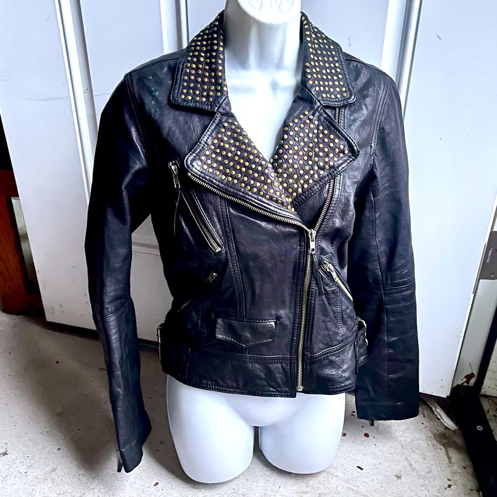 Allsaints All Saints Genuine Leather Jacket Rocher Studded Stud Moto Biker 4 xs